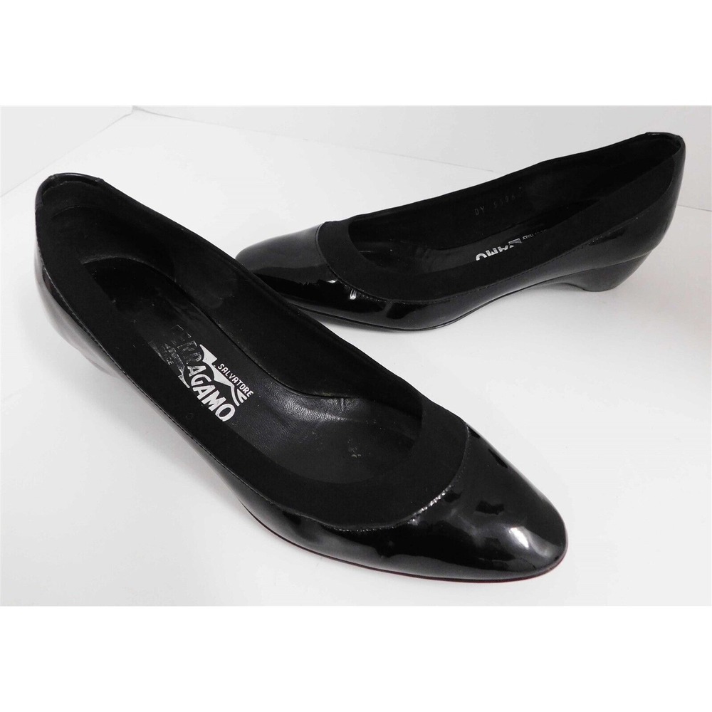 Salvatore Ferragamo Black Patent Leather Slip On Wedge Pumps Italy 7 B